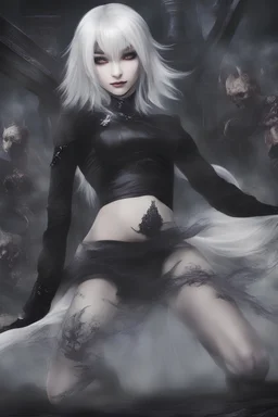 Beautiful goth girl crawling towards the camera in a scary position. White hair, dark make-up, grin on face, black, tight dress. Anime style, super realistic, smoky background