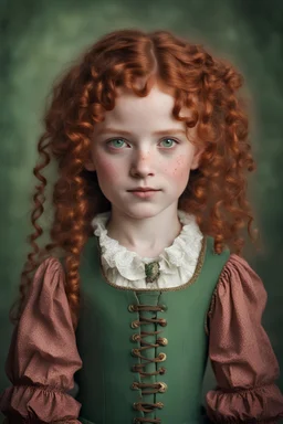 eight-year-old girl, green eyes, freckles, blood-red curly hair, dressed in humble 19th century clothes