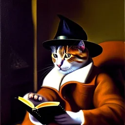 oil portrait of a cat with hat reading a book in a living room with fireplace and smoking a pipe by Diego Velázquez 8k