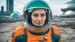 tangerine tango and ultramarine green color blocking, (sci-fi aesthetic:1.4), bright instagram LUT, shot of a (Danish 20 yo woman:1.2) retro-futuristic cosmonaut with a shy smile wearing a glass dome helmet and spacesuit with harness (with futuristic power plant in the background:1.2), skindentation, hourglass figure, waist cincher, on alien landscape with its surface covered in impact craters, valleys, plains and mountains, grey dust, a heavy rain storm, at sunrise, geometric gradients, sci-fi,