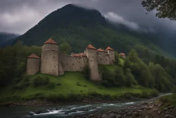 fortress beside a river in the mountains