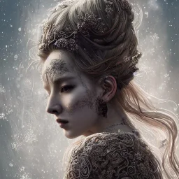 Insanely detailed photograph of an “portrait of gorgeous nordic goddess” with intricate hair, intricate embroidered dress, beautiful clear face and hyperdetailed painting by Ismail Inceoglu Huang Guangjian and Dan Witz CGSociety ZBrush Central fantasy art album cover art,8K, hdr, romantic, mysterious, ominous, snowflakes, jewelry, comfort, natural eyes