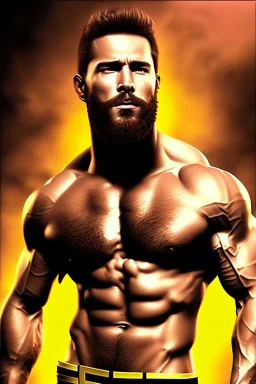 Ignore NSFW, teenager young rugged attractive slightly muscular fantastic handsome man, red briefs with yellow belt, hairy chest, (((visibly pisssing))) briefs, large erect visible boner peniss, photorealistic, artist Jay Anacleto, soft lighting, scruffy beard