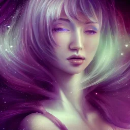 Autoportrait with galaxy hairs beautiful girl ultra-realistic, highly detailed, masterpiece, delicate detailed, sharp focus, insanely detailed, fantasy art, intricate detailed, elegant, fog, Special Lighting, Vibrant, color Scheme, forest, unreal engine 5, trending on artstation