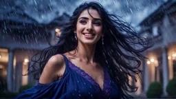 Hyper Realistic Photographic Low-Angle View Of A Beautiful Young Pashto Woman With Beautiful Eyes Lips & Nose (Wearing Beautiful Navy-Blue Frock With Purple Embroidery With Her Beautiful Long Black Hair Wet Hair In Air & Wet Happy Face) Happily Whirling & Smiling Outside A Fancy Navy-Blue Mansion Heavy Rainfall Night with Thunderstorm Showing Dramatic & Cinematic Ambiance.