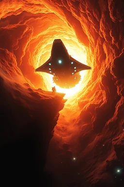 A mother big spaceship getting out an Intense worm Hole explosion in deep space. Wormhole apocalypse wipes out Universe. Worm-hole collision explodes in outer space. Epic galaxy with growing black hole. Cinematic interstellar