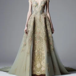 stunning couture gown designed by Marchesa inspired by fantasy, realistic, detailed, high quality, intricate, dreamlike background