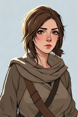 Character illustration in semi-realistic fantasy style, bold linework, smooth shading, muted natural tones, earthy browns and reds, cool icy blue background, soft diffused lighting, adventurer, D&D, travel clothing, portrait, cinematic lighting, detailed design, female, twenties, ugly, ordinary, unattractive, brown hair