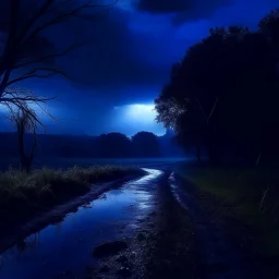 sad nature scene, midnight, dark blue colours, rainy, atmospheric, photo quality