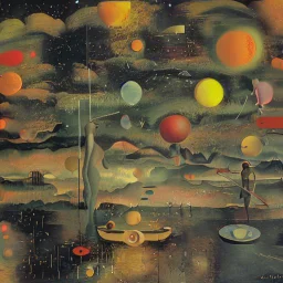 dusk landscape with lake,boat and human body, universe-like Soap Bubble,complex surgical instruments mixed with human body-like musical instruments,minimalism,Painting By Adrian Ghenie, Rene Magritte, Basquiat ,Salvador Dali, Lucian Freud, Jan Van Eyck