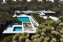 Day in quinta do lago, one straight line building of two floors on a slope of pine trees, with a 250 meters long pool on the rooftop building, modernistic luxury villa architecture with wood and gold metallic pergolas with pool on rooftop, on a slope with pinus pinea, a road wrap around for low speed veicular road