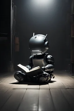 kid robot siting on the floor and reading in a dark room