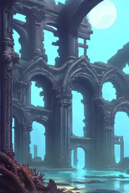 A D&D dungeon, inside ruins of crumbling and ancient time worn buildings, underwater feeling buildings built by auqutic intelligent humanoids, coral organic architecture, symbiotic arcitecture with ocean, seashells, ominous crumbling, flooded and destroyed