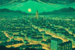 Create a magical cityscape, with a detailed, imaginative depiction in the style of Vincent Van Gogh, using acrylic material, illuminated by dreamy haze, featuring mint green colors, an aerial perspective, high detail quality, --v 1.