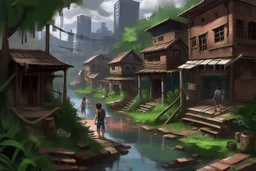 TLOU Town but in the style of Bob Ross's oil painting.