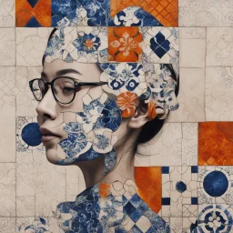 editorial image, asian woman portrait long hair glasses, portuguese azulejo tiles pattern, abstract, mixed media