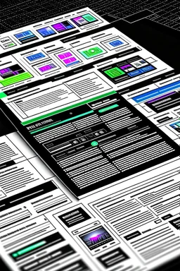 wireframe of a modern marketing agency landing page with navigation, photos and text on paper, colorful, many details, dark ambience, 8k