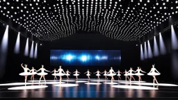 a recursive 3d fractal mocap graphic balerina group in stage with disco lights