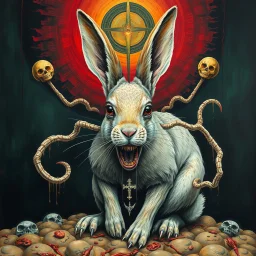 Amalgamation of a rabbit Gnostic Ataxia, by Mark Powell, surreal horror, descent into madness, acrylics