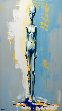 a tough oil brush blue and yellow abstract on rough canvas make a surreal figure of a very tall and thin sculpture, Busch painting style