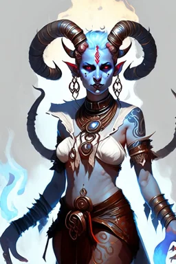 A full body image of this tiefling woman she has fire powers, she is floating she has lots of jewelry and the horns of a ram and also the horns of a gazelle, her outfit is white and her body is covered in tribal tattoos