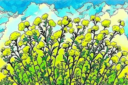 bottom half canola plants detailed, top half sky, watercolor illustration