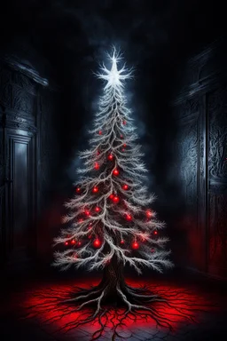 a beautiful illuminated silver and white light Christmas tree stands in a dark room, dark shadows rise from the floor and demonic red eyes glow behind the tree in the dark, scary atmosphere, little glimmering light, dark, deep colors, small details, surreal, thriller, masterpiace