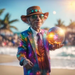 Bill Gates as hairy pimp groove funk kobold hippie holding disco ball on beach ,bokeh like f/0.8, tilt-shift lens 8k, high detail, smooth render, down-light, unreal engine