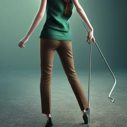 Woman with crutch, back, black trousers, green shirt, render background, brown hair