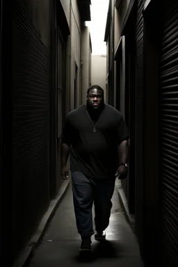 Tall big fat black man really far away running down a dark alleyway