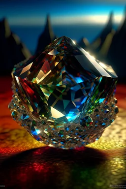 The "Prismatic Keystone" - A radiant, multi-faceted crystal embedded within the planet's highest plateau. It has the power to refract light in unique ways, influencing the planet's weather and creating optical illusions. , photo-realistic, shot on Hasselblad h6d-400c, zeiss prime lens, bokeh like f/0.8, tilt-shift lens 8k, high detail, smooth render, down-light, unreal eng