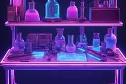 closeup laboratory tools on a bench , 16k, 3d rendering, expressively detailed, futuristic, cyberpunk, dynamic light, neon lighting,