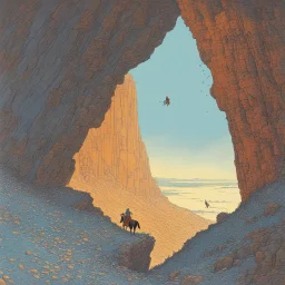 [art by Moebius] But the prey suddenly disappeared at the edge of a cliff. Roupinho and his horse were racing toward the 100-foot precipice and sudden death. In a true Hail Mary fashion, the knight begged for help from the Virgin Madonna of Nazaré, At the moment before catatrophe (as legend has it) the blessed Mary made the horse turn away just before hurtling over the abyss. To Roupinho it appeared to be a supernatural occurnce that saved his life. (Later some claimed it was the devil, disgui