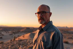 man looking like "Walter White" in breaking bad tv show, bald and goatee glasses, standing on a desert hill in sunset, panorama picture with long shadows, he is standing a long way back perspective