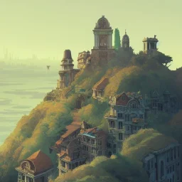 Skyline+city on inslands+Trainstation on cliff+Vignola classicism +palladio+detailed facades+uphill road+trees+ biopunk+Book illustration by Gediminas Pranckevičius, Jean Baptiste Monge, Brian Kesinger, Anton fadeev, Kilian Eng, strong lines, high contrast vibrant colors, highly detailed, 16k resolution, trending on behance