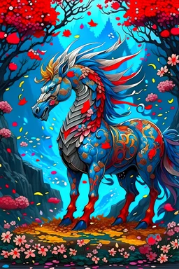 A horse with dragon head, scales covering body, 10k, fullbody, alluring image, divine creature, epic japanese background, anime style