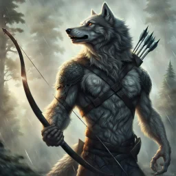 an anthropomorphic wolf man in just full furry wolf body hair and wearing just a dark belt around his chest holds a bow in his paw, quiver with arrows on his shoulder and looking warlike the horizont, blur background with giant alien trees, rainy day, detailed, high textures, realistic, cinematic, sci-fi, fantasy mood