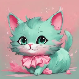 A captivating and playful digital art piece showcasing the adorable charm of a mint-colored cartoon cat, surrounded by a lively pink background, (captivating digital art:1.4), (playful cartoon cat:1.5), (lively pink background:1.3), (expressive mint hues:1.2), drawing inspiration from the styles of cute and playful illustrators, trending on CGSociety, Intricate, Sharp focus, dynamic lighting, (captivating:1.4), (playful ambiance:1.5), (lush fur details:1.3), Cartoon, Masterful, High Detail