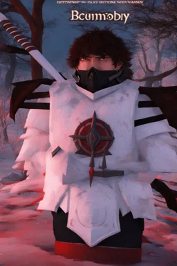 The character, depicted in a striking white armour against a wintry backdrop stands with his hands behind his back inside the scene, he has a red and black circular symbol on his chest like a shield, a black pointed spear with a red handle on his back, His eyes are showing a dynamic expression and he wears a black oni mask with white teeth covering the bottom part of his mouth he has brown shoulder pads and a white belt with a bag attached to it. He has dark brown hair, he does not wear a helmet