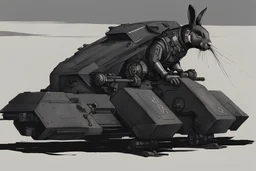 Black rabbit piloting a rabbit mech. Photograph.