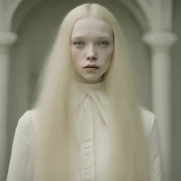 a close up of a woman with long blonde hair, inspired by Vanessa Beecroft, albino dwarf, photography from vogue magazine, quivering lips, pale round face, ginger. art nouveau, in style of tim walker, young handsome pale roma, with narrow nose, sha xi, shot with Sony Alpha a9 Il and Sony FE 200-600mm f/5.6-6.3 G OSS lens, natural light, hyper realistic photograph, ultra detailed -ar 3:2 -q 2 -s 750