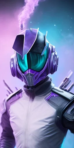 purple galaxy masked super villain, weapons in hands, teal and purple smoke, full portrait, hyper realistic, 4k