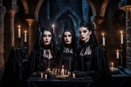 young gothic people with big dark shiny eyes, tiny nose, tiny mouth black nice cloth make a gothic party on big balkone in the castle, nightly mood,pale lights, candles, high detailed, weird, surreal mood, cinematic