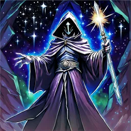 hooded sage with galaxy stars instead of face holding metal sceptre in crystal castle 90's tcg art