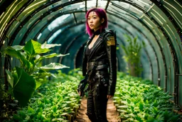 Unground solar punk tunnels, cinematic, dof background a, dystopian, sci-fi, award winning, Yui in a garden, National Geographic, breath taking, oxygen farm but outside is a desert