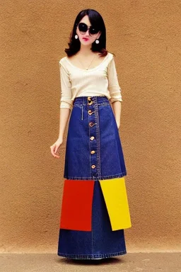 year 1996 denim fashion. Loose skirt, low waist. Colors: denim blue, blue, purple, cream, khaki, light green, lilac, plum, orange, terracotta, red, light yellow, lion yellow, pink, dark blue, beige.