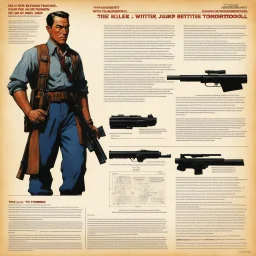 character concept sheet with AD&D statistics and characteristics, [high res photo by Norman Rockwell for Beyond the Supernatural] the jump with one gun in each hand iconic scene by John Woo (A Better Tomorrow, The Killer, Hard-Boiled)