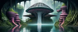 geometric alien space port building in water in front of jungle waterfall colorfull dork neck bambooza schizoid dreams in the style of giger and escher