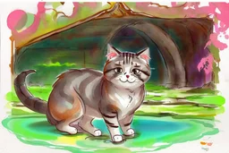 cute chibi cat in a restaurant double exposure waterfall in the forest watercolor and ink