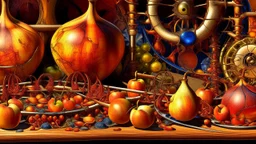 Apples. Pears. Grapes. Dishes. Oranges. Wood table. Coffee pot.